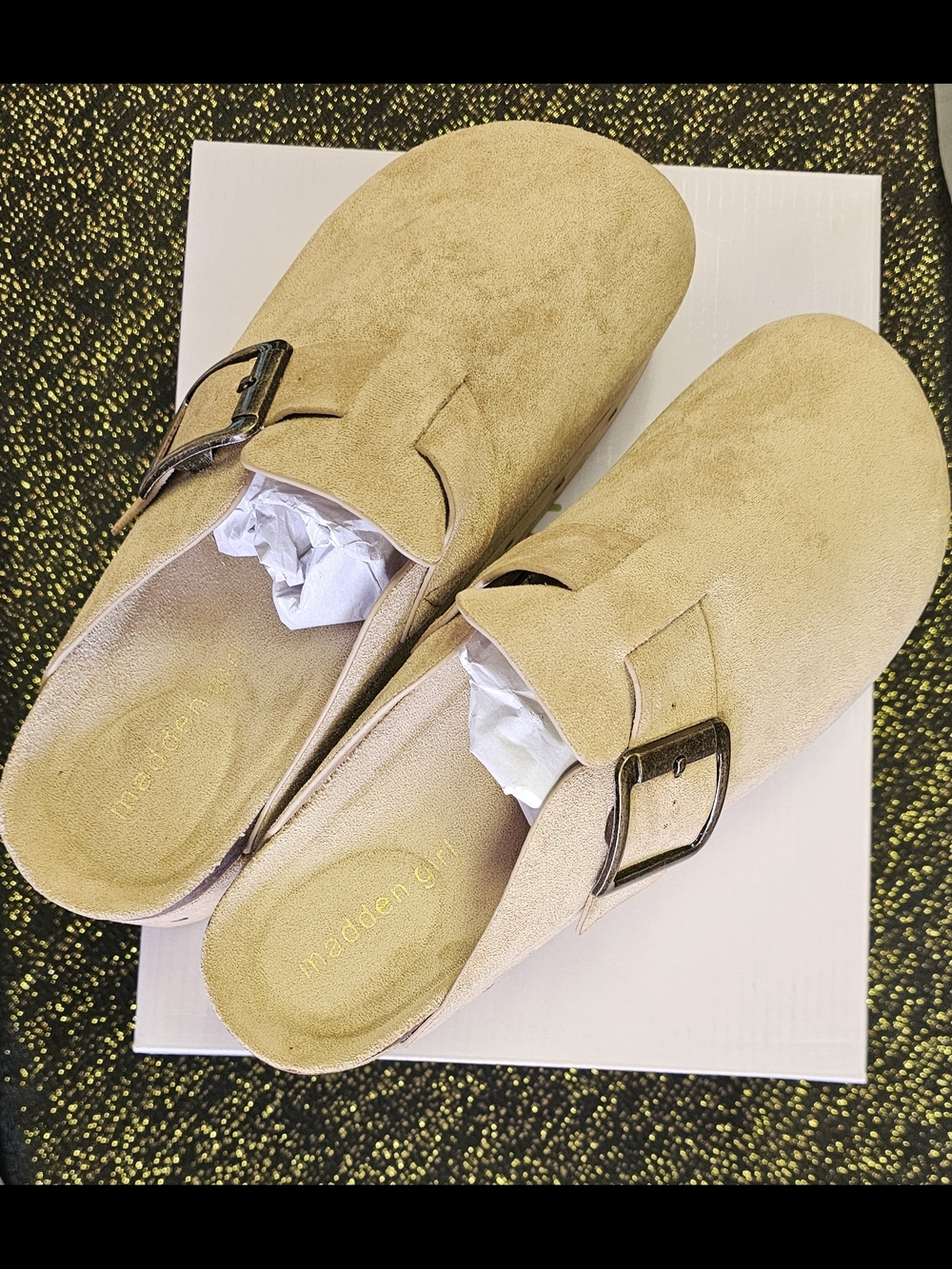 Madden Girl Tan Suede Buckle Mule Clogs